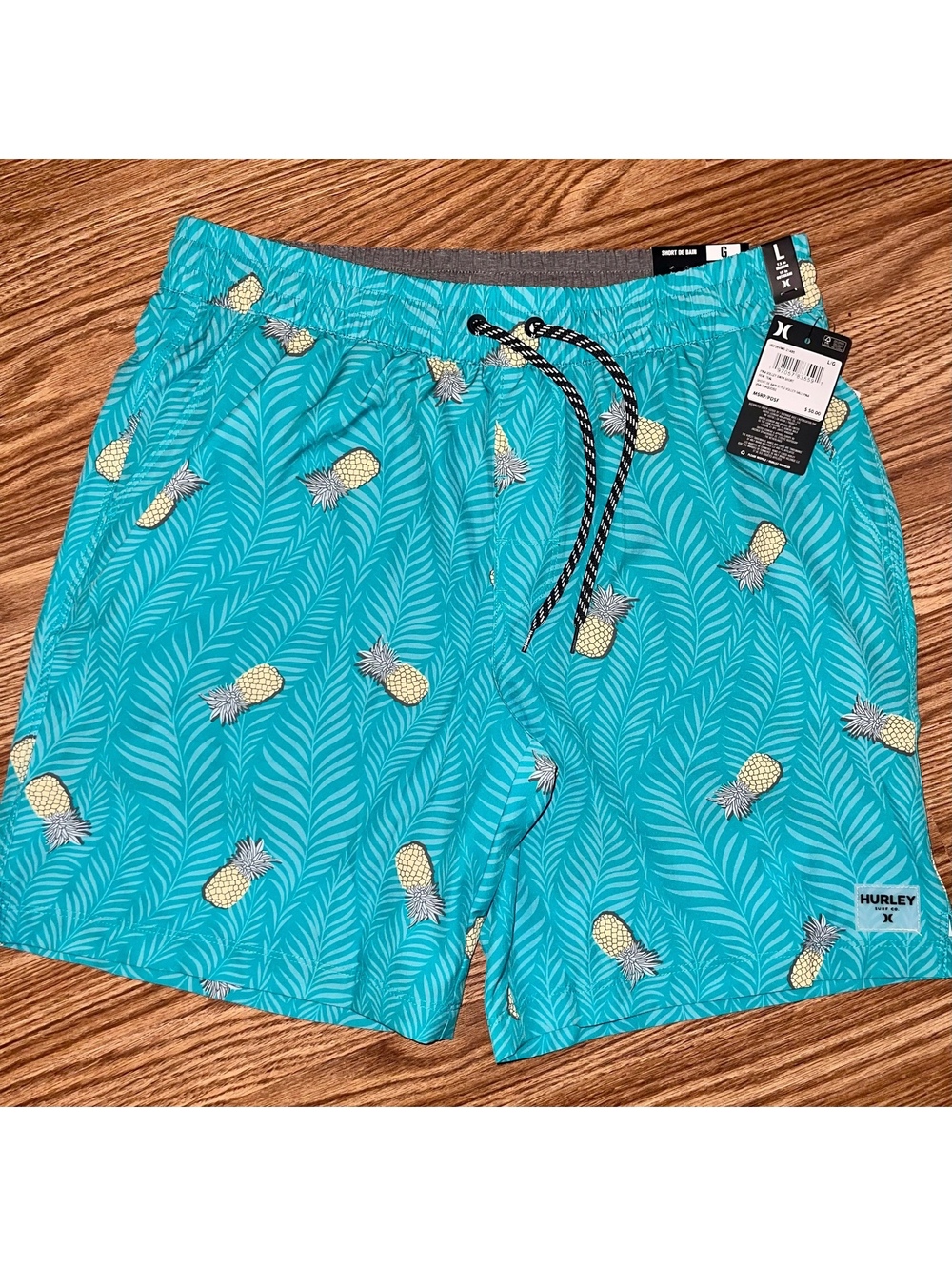 Hurley Pineapple Swim Trunks Men’s L Blue Elastic Waist Board Shorts